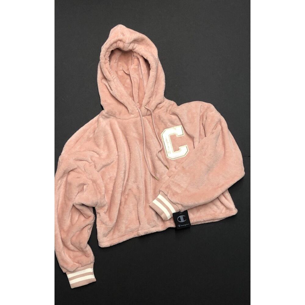 Womens Champion Faux Fur Crop Hoodie SIZE XXL 2XL Cropped BIG C